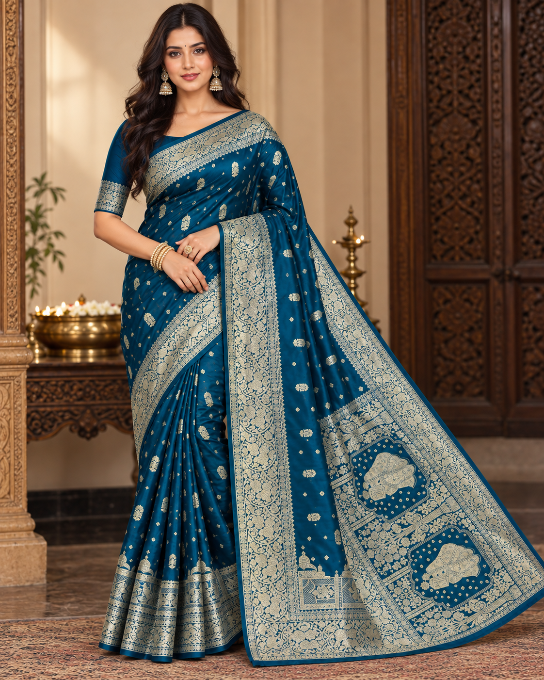 Peacock Blue Silk Saree with Elegant Zari Woven Work