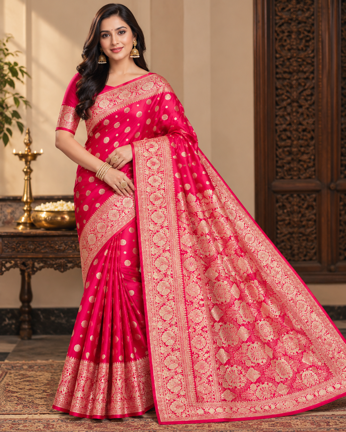 Neon Pink Silk Saree with Elegant Zari Woven Work